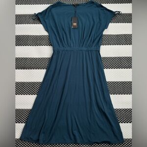 Frye Peacock Blue Midi Dress Tie Sleeve Elastic Waist Size M NWT